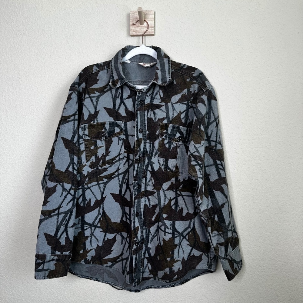 Vintage Cabela's Mirage Camo Flannel Shirt Mens XL Made in USA Cotton Grey Brown